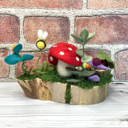 2 Red Wooly Mushrooms, LadyBug, Bee & Flora on Natural Wood Base