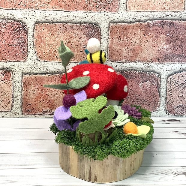 2 Red Wooly Mushrooms, LadyBug, Bee & Flora on Natural Wood Base