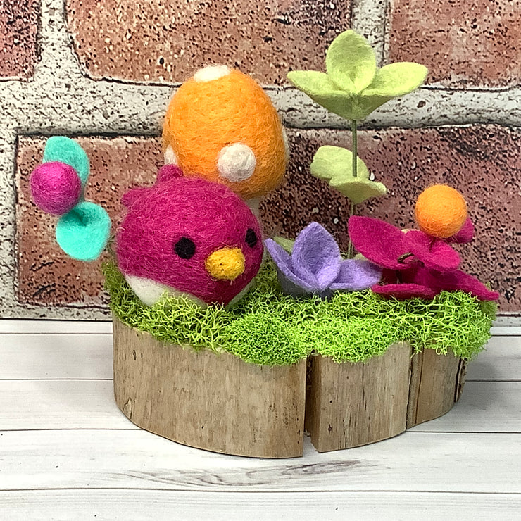 Wooly Raspberry Birdy, Canteloupe Mushroom & Flora on Natural Wood Base