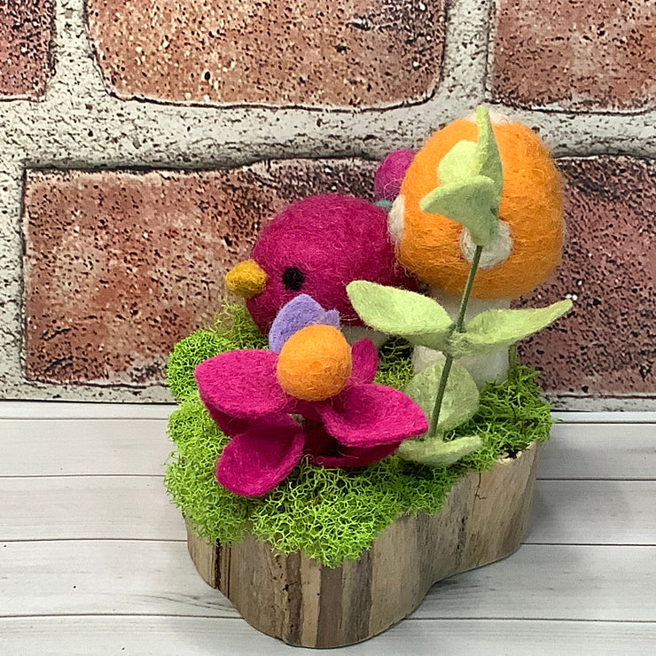 Wooly Raspberry Birdy, Canteloupe Mushroom & Flora on Natural Wood Base