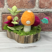 Wooly Raspberry Birdy, Canteloupe Mushroom & Flora on Natural Wood Base