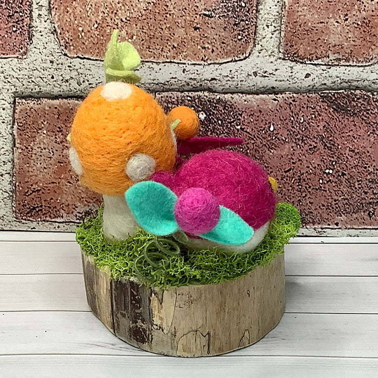 Wooly Raspberry Birdy, Canteloupe Mushroom & Flora on Natural Wood Base