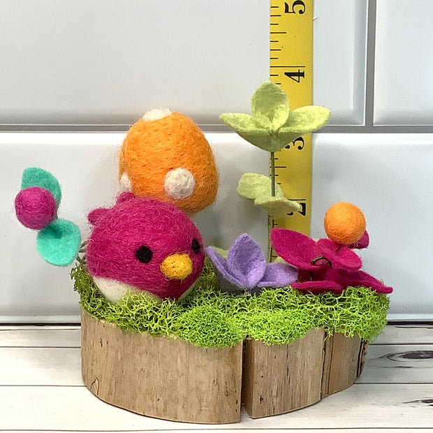 Wooly Raspberry Birdy, Canteloupe Mushroom & Flora on Natural Wood Base