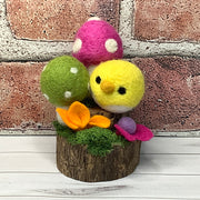 Wooly Yellow Birdy, Raspberry & Green Mushrooms & Flora on Natural Wood Base