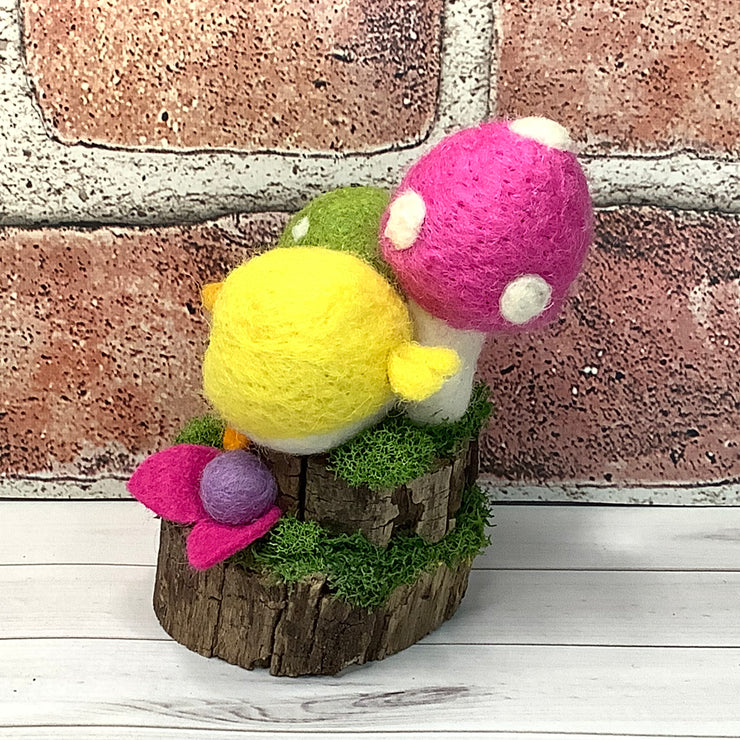 Wooly Yellow Birdy, Raspberry & Green Mushrooms & Flora on Natural Wood Base