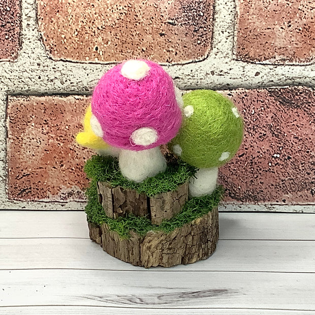 Wooly Yellow Birdy, Raspberry & Green Mushrooms & Flora on Natural Wood Base