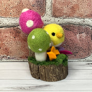 Wooly Yellow Birdy, Raspberry & Green Mushrooms & Flora on Natural Wood Base