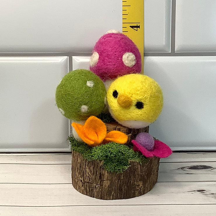 Wooly Yellow Birdy, Raspberry & Green Mushrooms & Flora on Natural Wood Base