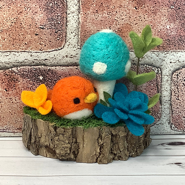 Wooly Orange Birdy, Turquoise Mushroom & Flora on Natural Wood Base