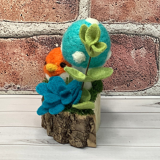 Wooly Orange Birdy, Turquoise Mushroom & Flora on Natural Wood Base