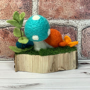 Wooly Orange Birdy, Turquoise Mushroom & Flora on Natural Wood Base