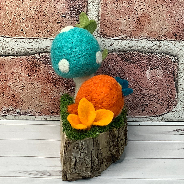 Wooly Orange Birdy, Turquoise Mushroom & Flora on Natural Wood Base