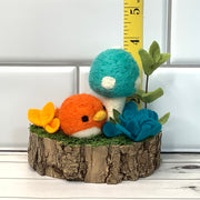 Wooly Orange Birdy, Turquoise Mushroom & Flora on Natural Wood Base