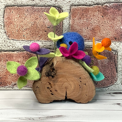 Wooly Blue Birdy & Flora on Natural Wood Base