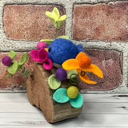 Wooly Blue Birdy & Flora on Natural Wood Base