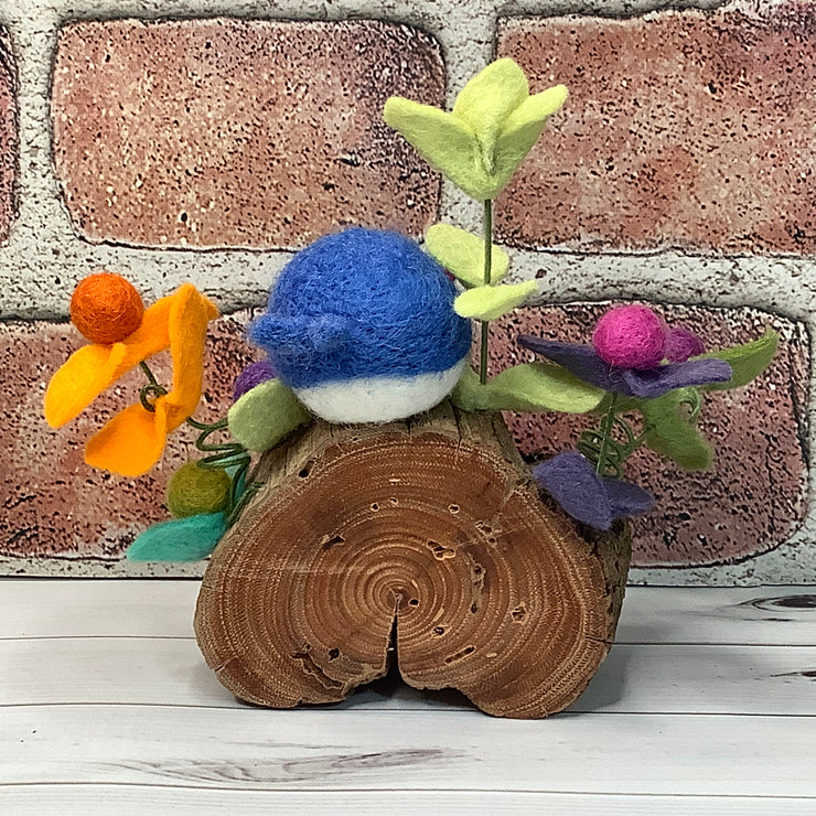 Wooly Blue Birdy & Flora on Natural Wood Base