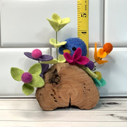 Wooly Blue Birdy & Flora on Natural Wood Base