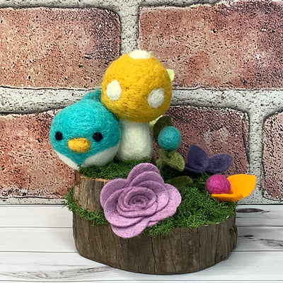 Wooly Turquoise Birdy, Marigold Mushroom & Flora on Natural Wood Base