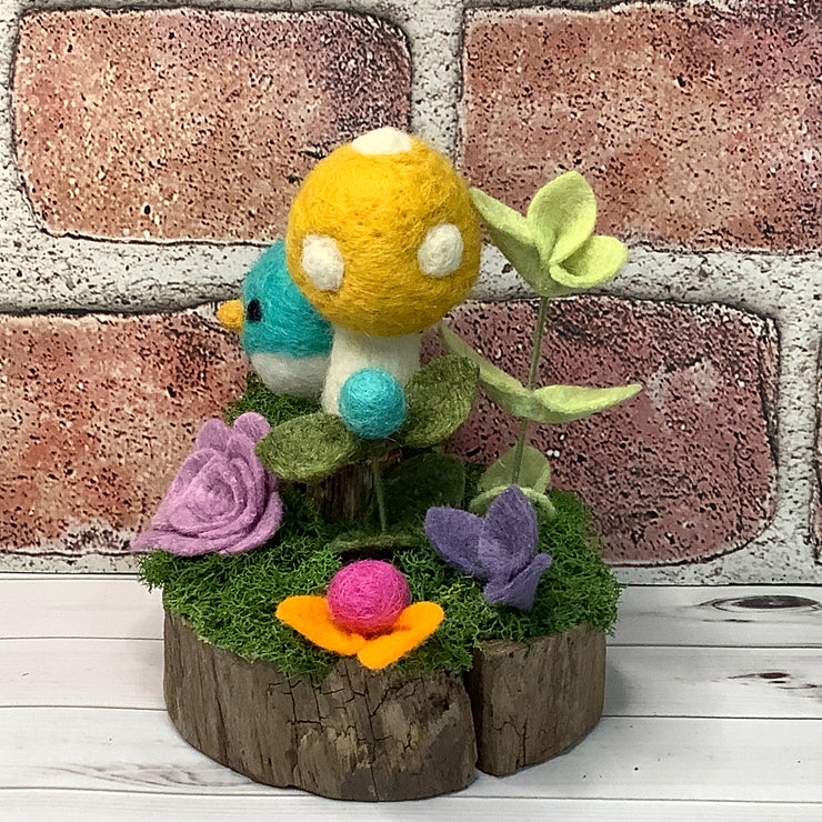 Wooly Turquoise Birdy, Marigold Mushroom & Flora on Natural Wood Base