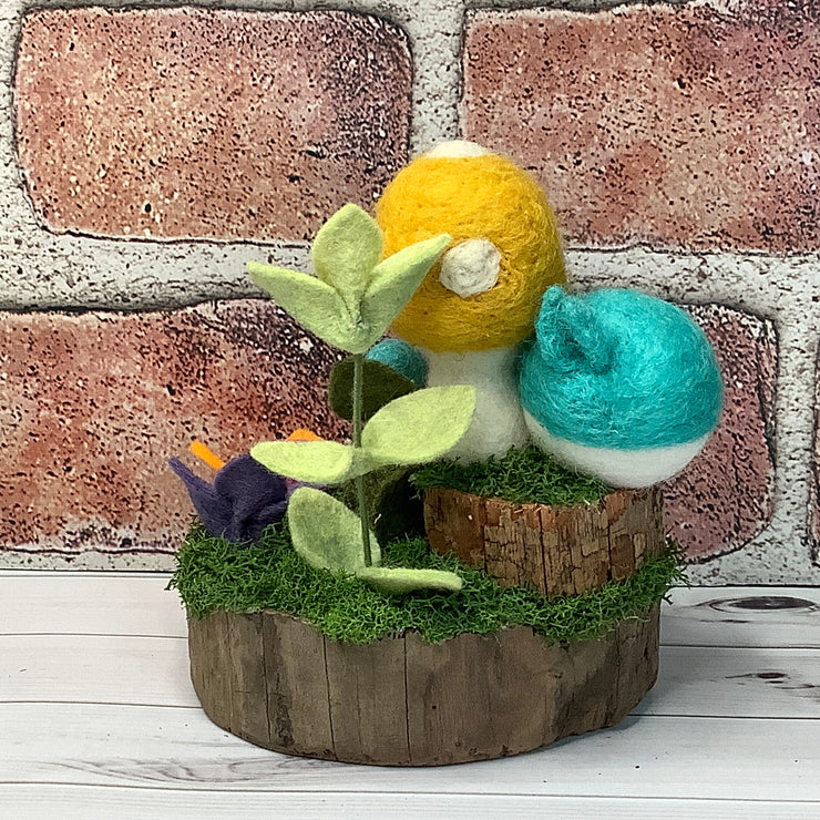 Wooly Turquoise Birdy, Marigold Mushroom & Flora on Natural Wood Base