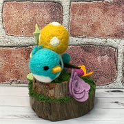 Wooly Turquoise Birdy, Marigold Mushroom & Flora on Natural Wood Base