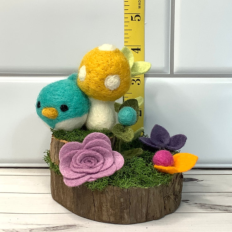 Wooly Turquoise Birdy, Marigold Mushroom & Flora on Natural Wood Base