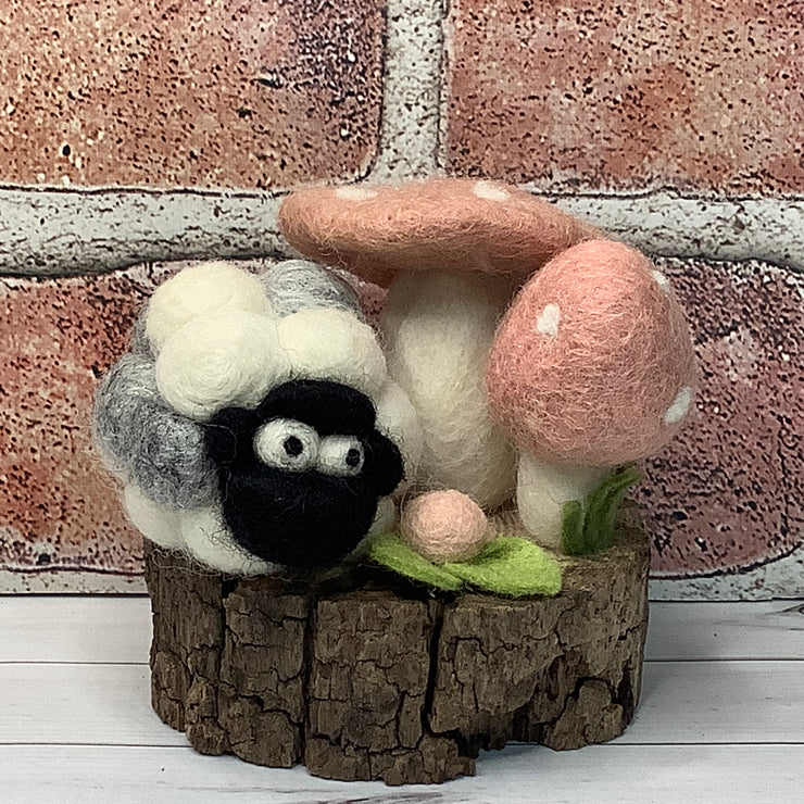 2 Salmon Wooly Mushrooms, Sheep & Flora on Natural Wood Base