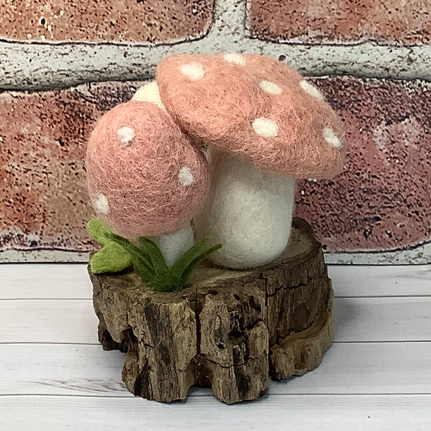 2 Salmon Wooly Mushrooms, Sheep & Flora on Natural Wood Base