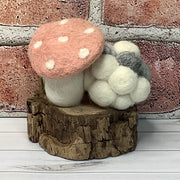 2 Salmon Wooly Mushrooms, Sheep & Flora on Natural Wood Base