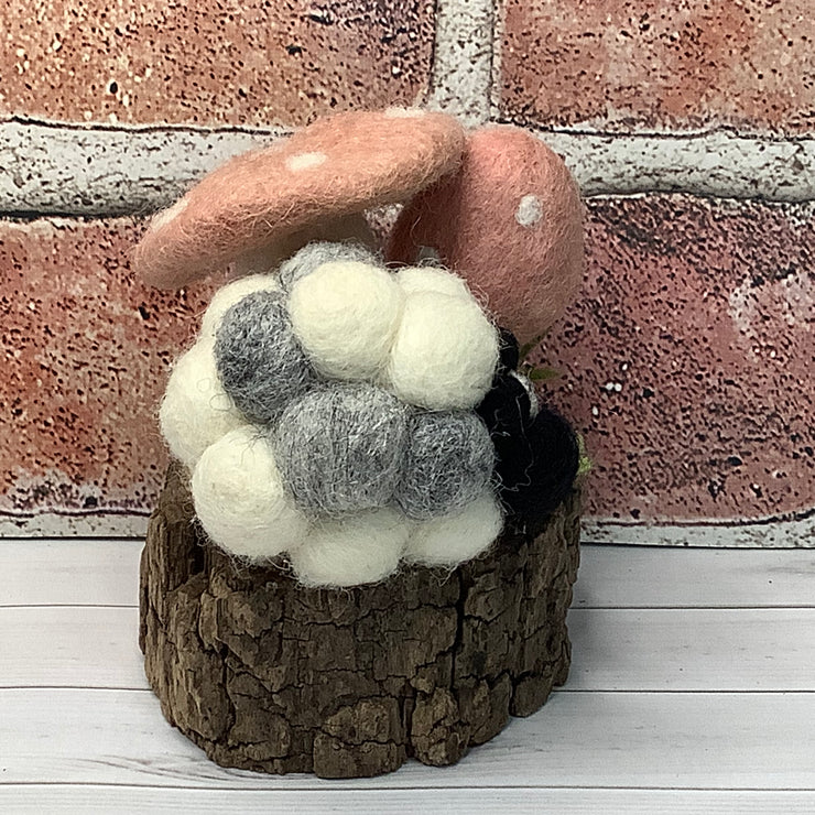 2 Salmon Wooly Mushrooms, Sheep & Flora on Natural Wood Base