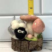 2 Salmon Wooly Mushrooms, Sheep & Flora on Natural Wood Base