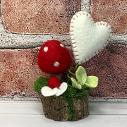 Wooly Red Mushroom, Stitched Heart & Flora on Natural Wood Base