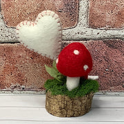 Wooly Red Mushroom, Stitched Heart & Flora on Natural Wood Base