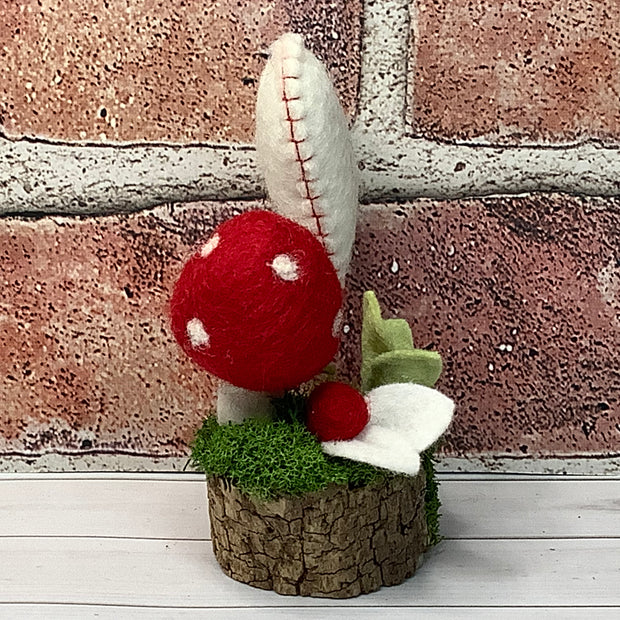 Wooly Red Mushroom, Stitched Heart & Flora on Natural Wood Base