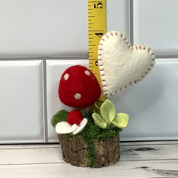 Wooly Red Mushroom, Stitched Heart & Flora on Natural Wood Base