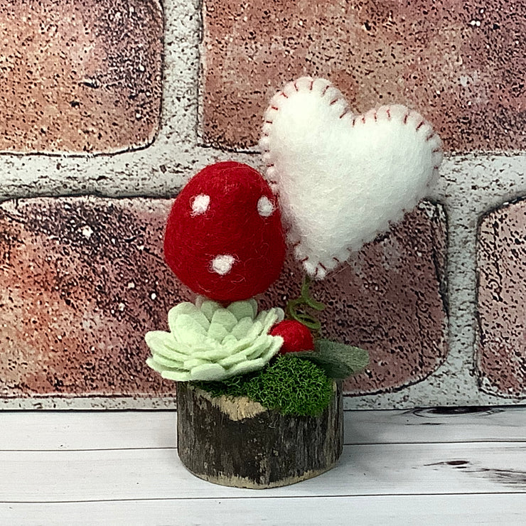 Wooly Red Mushroom, Stitched Heart & Flora on Natural Wood Base