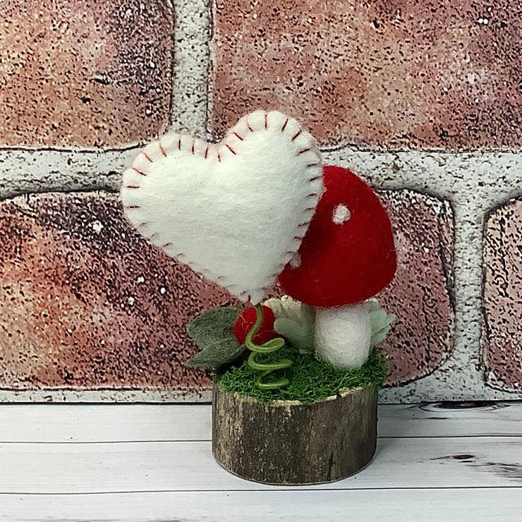 Wooly Red Mushroom, Stitched Heart & Flora on Natural Wood Base