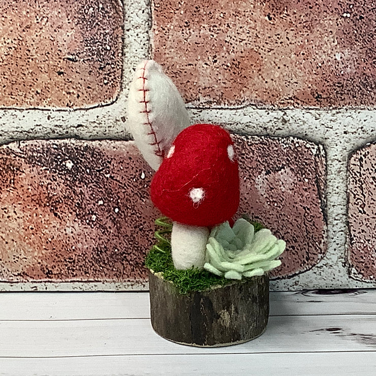 Wooly Red Mushroom, Stitched Heart & Flora on Natural Wood Base