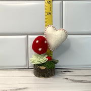 Wooly Red Mushroom, Stitched Heart & Flora on Natural Wood Base