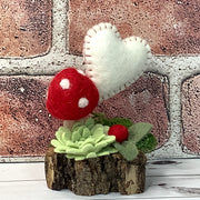 Wooly Red Mushroom, Stitched Heart & Flora on Natural Wood Base