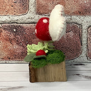 Wooly Red Mushroom, Stitched Heart & Flora on Natural Wood Base