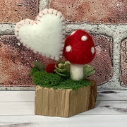 Wooly Red Mushroom, Stitched Heart & Flora on Natural Wood Base