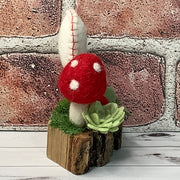 Wooly Red Mushroom, Stitched Heart & Flora on Natural Wood Base