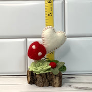 Wooly Red Mushroom, Stitched Heart & Flora on Natural Wood Base