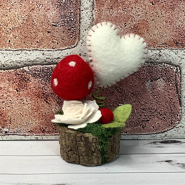 Wooly Red Mushroom, Stitched Heart & Flora on Natural Wood Base