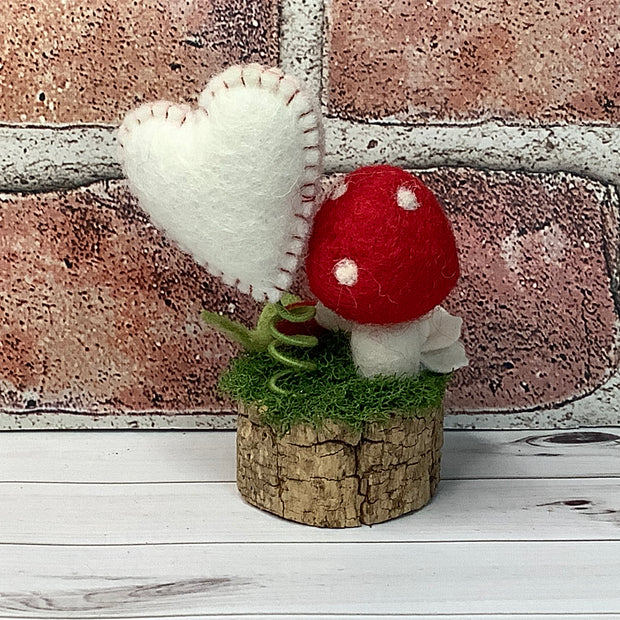 Wooly Red Mushroom, Stitched Heart & Flora on Natural Wood Base