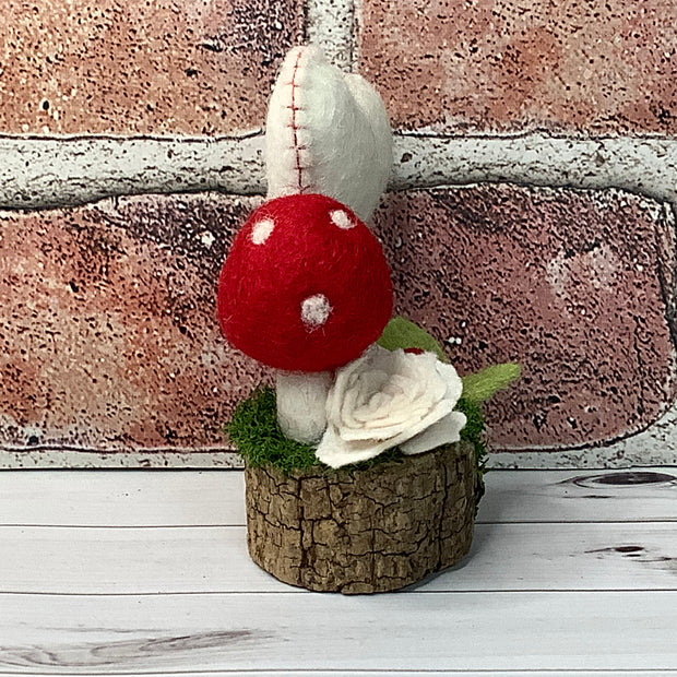 Wooly Red Mushroom, Stitched Heart & Flora on Natural Wood Base