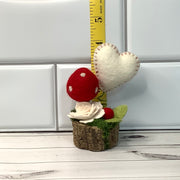 Wooly Red Mushroom, Stitched Heart & Flora on Natural Wood Base