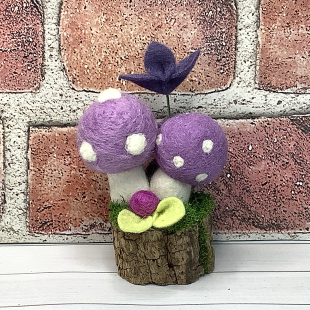 Wooly Lavender Mushrooms & Flora on Natural Wood Base