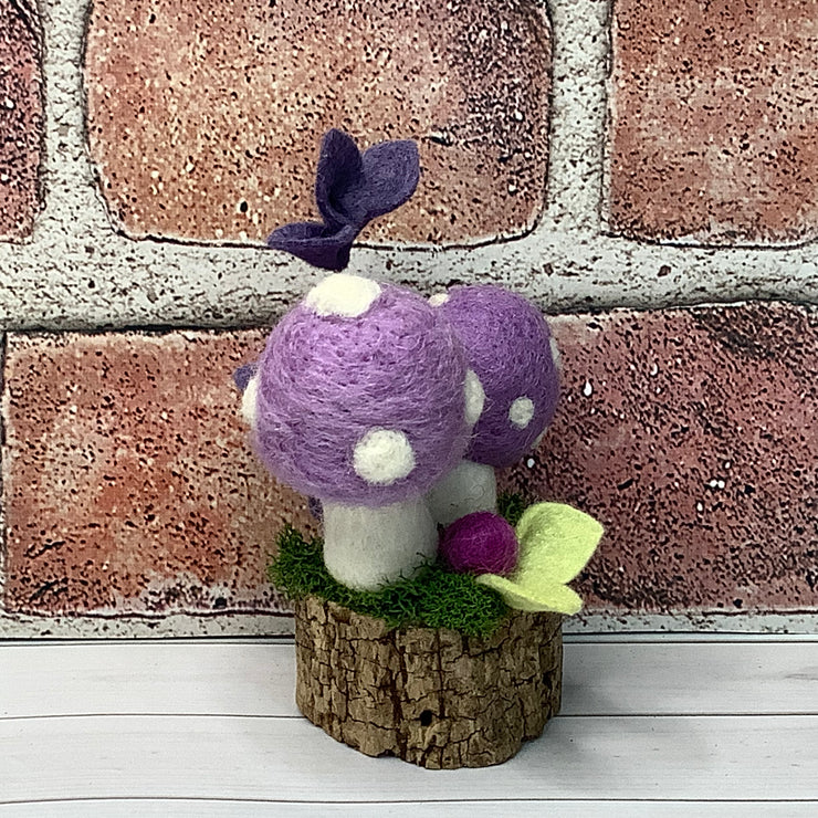 Wooly Lavender Mushrooms & Flora on Natural Wood Base